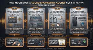 How much does a sound engineering course cost in Kenya? Progressive tuition fee guide comparing 3-Month Short Course, Foundation, TVETA Certificate, and Pearson BTEC Diploma options.