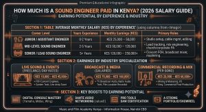 How much is a sound engineer paid in Kenya? Visual breakdown of monthly salaries, live event day rates, and studio mix fees.