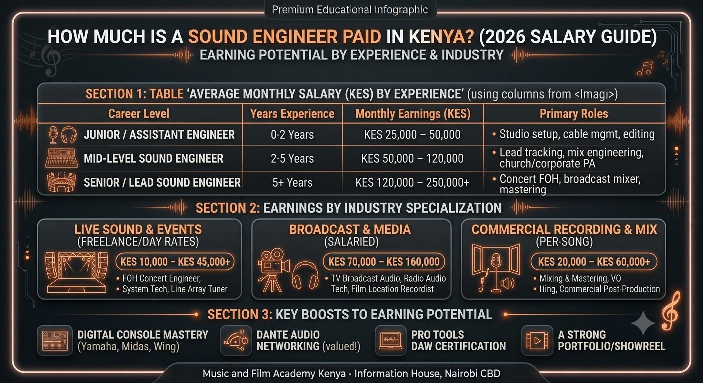 How much is a sound engineer paid in Kenya? Visual breakdown of monthly salaries, live event day rates, and studio mix fees.