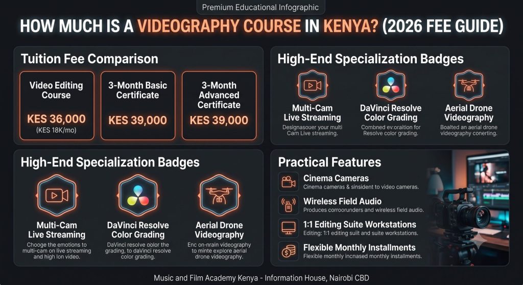 How much is a videography course in Kenya? 2026 tuition fee comparison, video editing costs, drone videography, and live streaming modules.