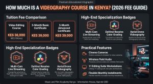 How much is a videography course in Kenya? 2026 tuition fee comparison, video editing costs, drone videography, and live streaming modules.