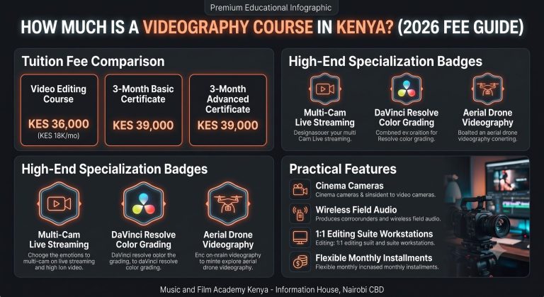 How much is a videography course in Kenya? 2026 tuition fee comparison, video editing costs, drone videography, and live streaming modules.
