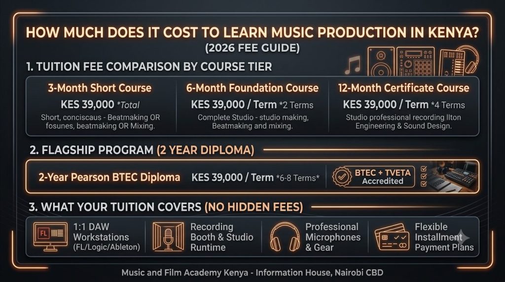 How much does it cost to learn music production in Kenya? 2026 tuition fee comparison for short courses, foundation tracks, 1-year certificates, and 2-year diplomas.