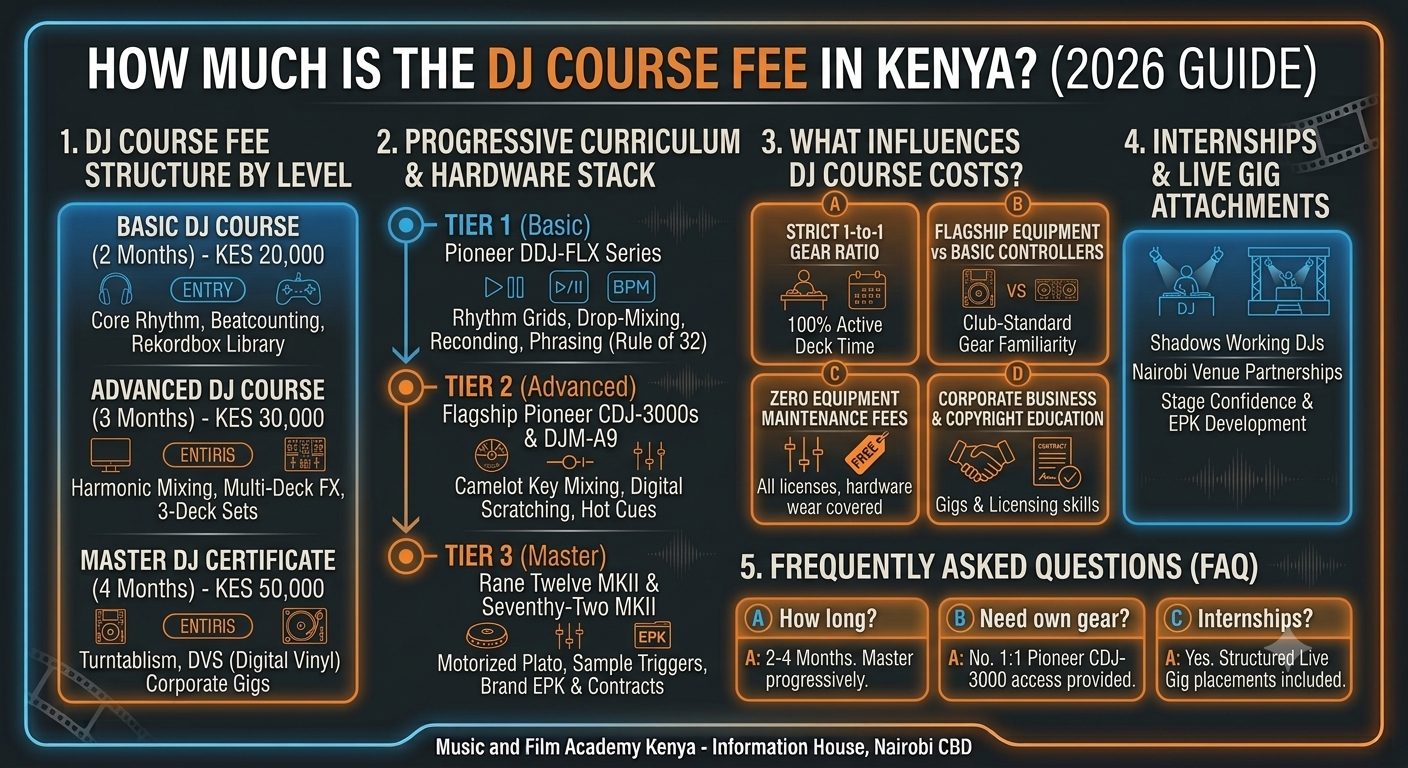 How much is the DJ course fee in Kenya infographic. Breakdown of Basic KES 20,000, Advanced KES 30,000, and Master KES 50,000 tracks with Pioneer CDJ-3000 gear and internship support.