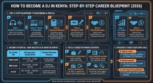 How to become a DJ in Kenya infographic. 5-step blueprint: Rhythm foundation, Rekordbox library, Hardware mastery (Pioneer CDJ-3000), Mixtape portfolio, and Gig monetization. Features DJ salary tiers KES 5k–200k.