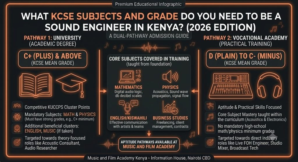 What KCSE subjects and grade do you need to be a sound engineer in Kenya? Comparative guide between university degrees and vocational TVETA certificates.