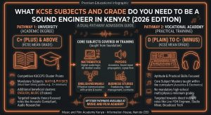 What KCSE subjects and grade do you need to be a sound engineer in Kenya? Comparative guide between university degrees and vocational TVETA certificates.