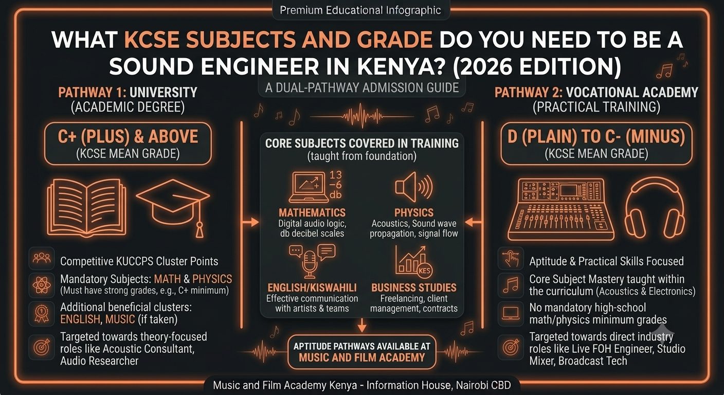 What KCSE subjects and grade do you need to be a sound engineer in Kenya? Comparative guide between university degrees and vocational TVETA certificates.