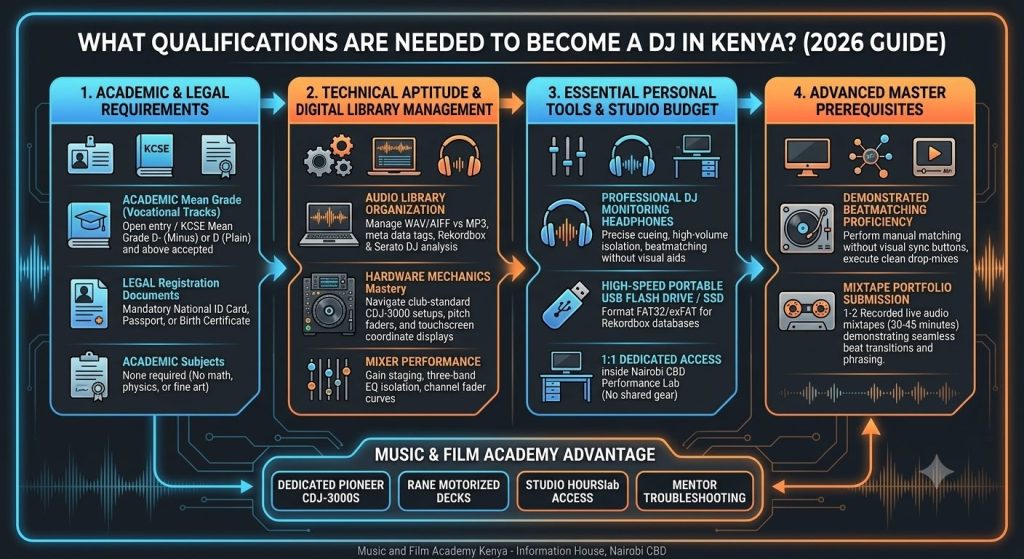 Qualifications needed to become a DJ in Kenya infographic. Visual guide outlining open KCSE entry requirements, Rekordbox library management, DJ monitoring headphones, fast USB drives, and recorded mixtape portfolio requirements.