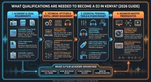 Qualifications needed to become a DJ in Kenya infographic. Visual guide outlining open KCSE entry requirements, Rekordbox library management, DJ monitoring headphones, fast USB drives, and recorded mixtape portfolio requirements.