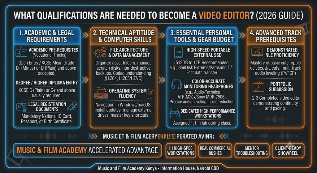 Qualifications needed to become a video editor infographic. Visual timeline comparing academic entry requirements, computer skills, essential tools like SSD and headphones, and advanced track prerequisites.
