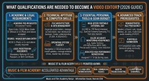 Qualifications needed to become a video editor infographic. Visual timeline comparing academic entry requirements, computer skills, essential tools like SSD and headphones, and advanced track prerequisites.