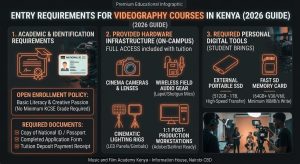 Infographic detailing entry requirements for videography courses in Kenya, including open KCSE enrollment policy, provided cinema cameras, field audio gear, and necessary personal SSD storage tools.