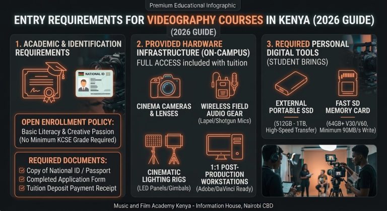 Infographic detailing entry requirements for videography courses in Kenya, including open KCSE enrollment policy, provided cinema cameras, field audio gear, and necessary personal SSD storage tools.