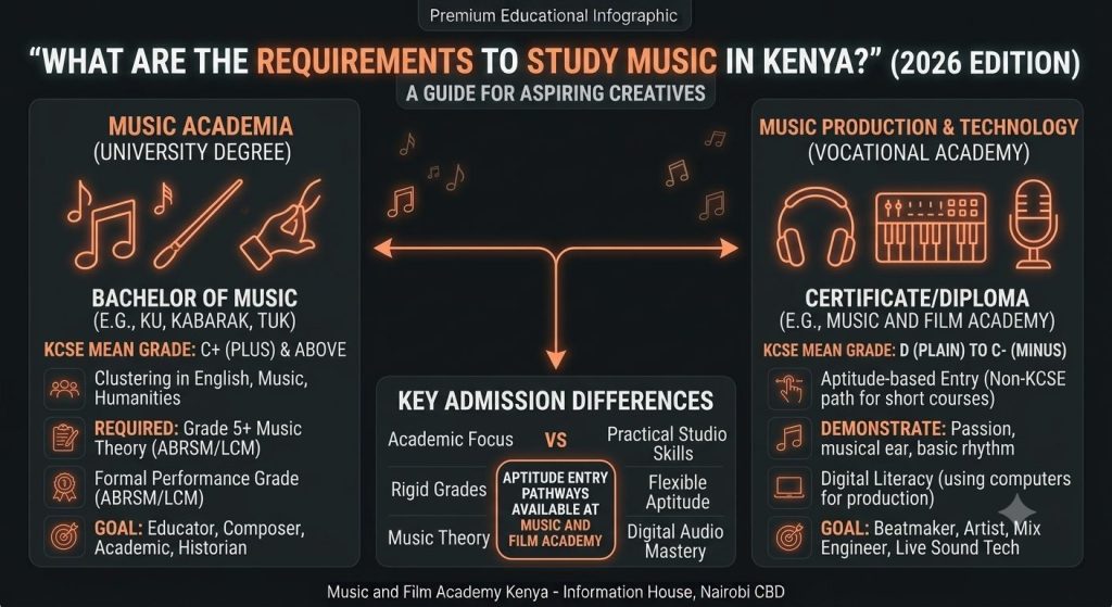 What are the requirements to study music in Kenya? Comparison of university degree KCSE requirements vs. vocational academy aptitude-based entry pathways.