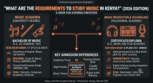 What are the requirements to study music in Kenya? Comparison of university degree KCSE requirements vs. vocational academy aptitude-based entry pathways.