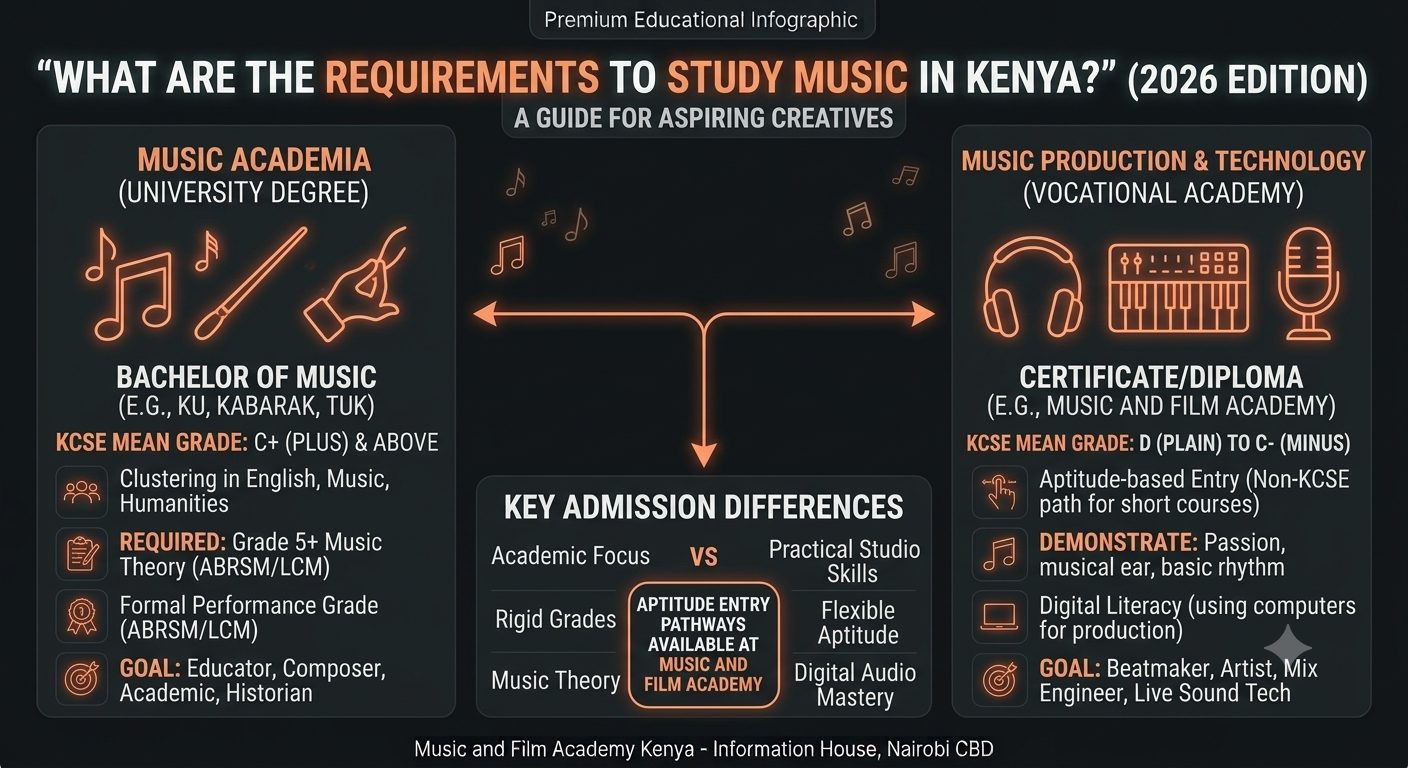 What are the requirements to study music in Kenya? Comparison of university degree KCSE requirements vs. vocational academy aptitude-based entry pathways.