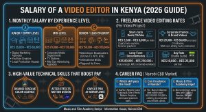 Salary of a video editor in Kenya infographic. Breakdown of entry-level salaries KES 35k-65k, mid-level rates, senior rates, and freelance pricing.