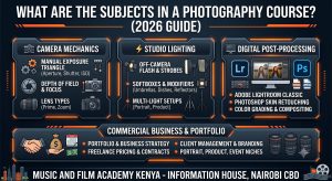What are the subjects in a photography course in Kenya? 2026 syllabus breakdown at Music and Film Academy, Information House, Nairobi CBD. Covers manual exposure, studio lighting, Adobe Lightroom, and Photoshop.