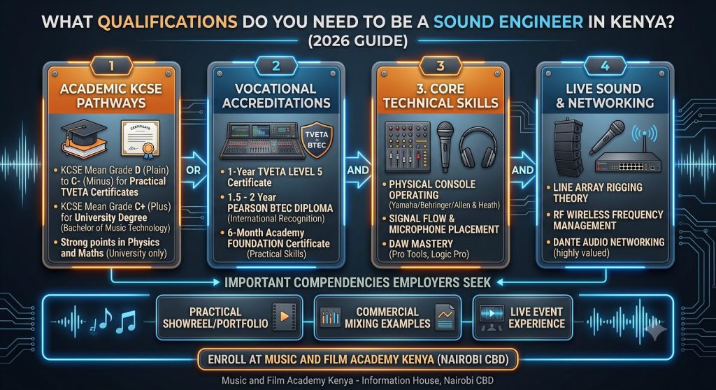 What qualifications do you need to be a sound engineer in Kenya? Educational guide comparing KCSE requirements, TVETA/BTEC accreditations, DAW mastery, and console hardware skills.