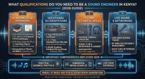 What qualifications do you need to be a sound engineer in Kenya? Educational guide comparing KCSE requirements, TVETA/BTEC accreditations, DAW mastery, and console hardware skills.