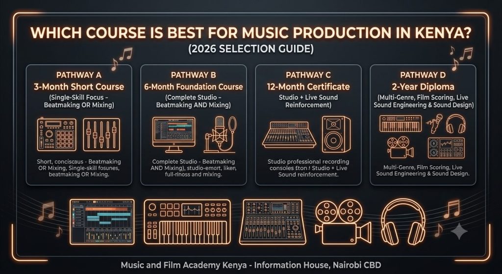 Which course is best for music production in Kenya? Comparison of 3-month short courses, 6-month foundation, 12-month certificate, and 2-year diploma tracks.