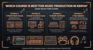 Which course is best for music production in Kenya? Comparison of 3-month short courses, 6-month foundation, 12-month certificate, and 2-year diploma tracks.