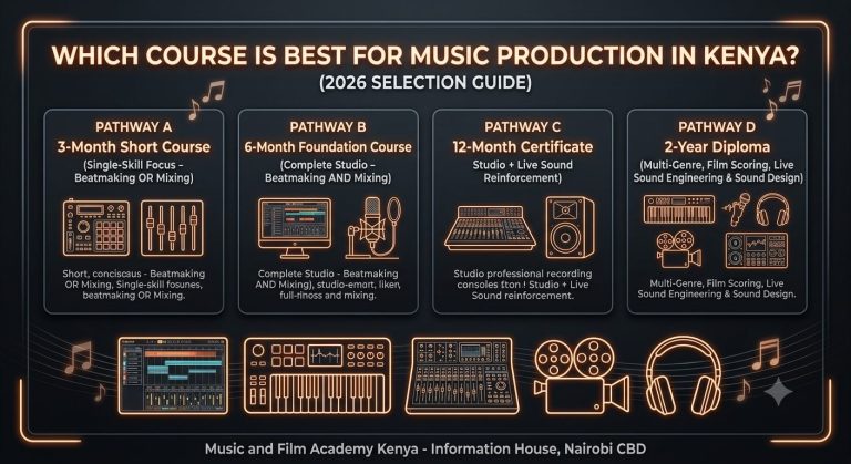 Which course is best for music production in Kenya? Comparison of 3-month short courses, 6-month foundation, 12-month certificate, and 2-year diploma tracks.