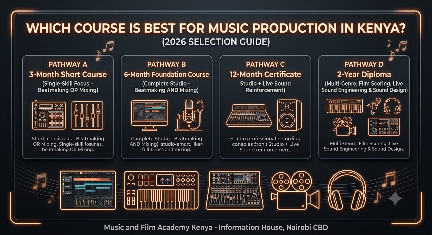 Which course is best for music production in Kenya? Comparison of 3-month short courses, 6-month foundation, 12-month certificate, and 2-year diploma tracks.