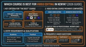 Which course is best for video editing in Kenya? Visual comparison of 1:1 workstations, Premiere Pro, CapCut, DaVinci Resolve, pathways, and qualifications.