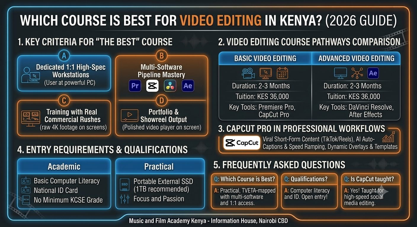 Which course is best for video editing in Kenya? Visual comparison of 1:1 workstations, Premiere Pro, CapCut, DaVinci Resolve, pathways, and qualifications.