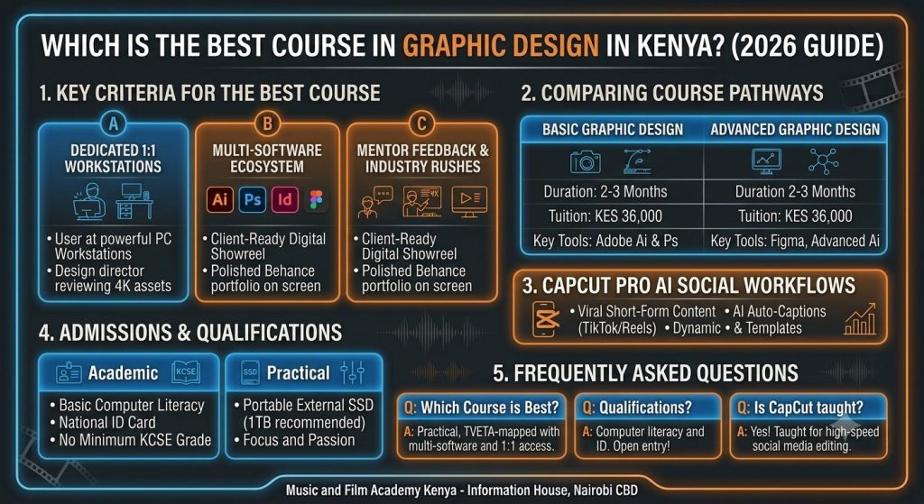 Which is the best course in graphic design in Kenya? Visual breakdown of 1:1 workstations, Adobe Creative Cloud, Figma, pathways, and entry qualifications.