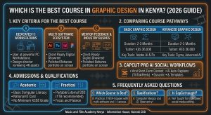 Which is the best course in graphic design in Kenya? Visual breakdown of 1:1 workstations, Adobe Creative Cloud, Figma, pathways, and entry qualifications.