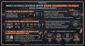 Which schools in Kenya offer sound engineering courses? Comparison of Music and Film Academy, ADMI, TUK, and Kenyatta University.
