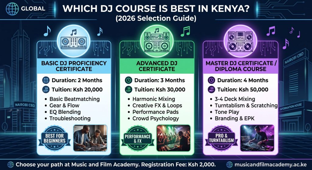 Comparison table showing the 2026 DJ course selection guide in Kenya. Displays duration, tuition fees, and complete module breakdowns for the Basic, Advanced, and Master Diploma levels at Music and Film Academy Nairobi.