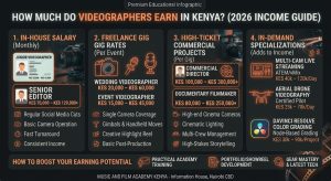 Infographic detailing videographer earnings in Kenya, including in-house monthly salaries (KES 35,000 to KES 65,000), freelance event rates (KES 15,000 to KES 60,000), commercial rates, live streaming fees, and drone pilot daily rates.
