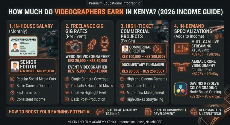 Infographic detailing videographer earnings in Kenya, including in-house monthly salaries (KES 35,000 to KES 65,000), freelance event rates (KES 15,000 to KES 60,000), commercial rates, live streaming fees, and drone pilot daily rates.