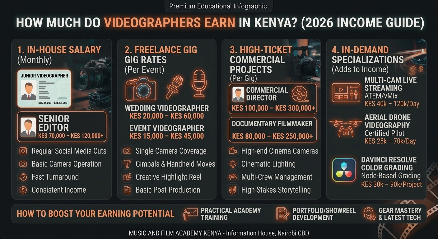 Infographic detailing videographer earnings in Kenya, including in-house monthly salaries (KES 35,000 to KES 65,000), freelance event rates (KES 15,000 to KES 60,000), commercial rates, live streaming fees, and drone pilot daily rates.
