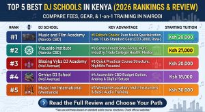 Comparison chart showing the top 5 best DJ schools in Kenya for 2026. Displays rankings, starting tuition fees, key advantages, and equipment standards for Music and Film Academy, Visualdo Institute, Blazing Vybz, Genius DJ School, and Music Inn International in Nairobi.