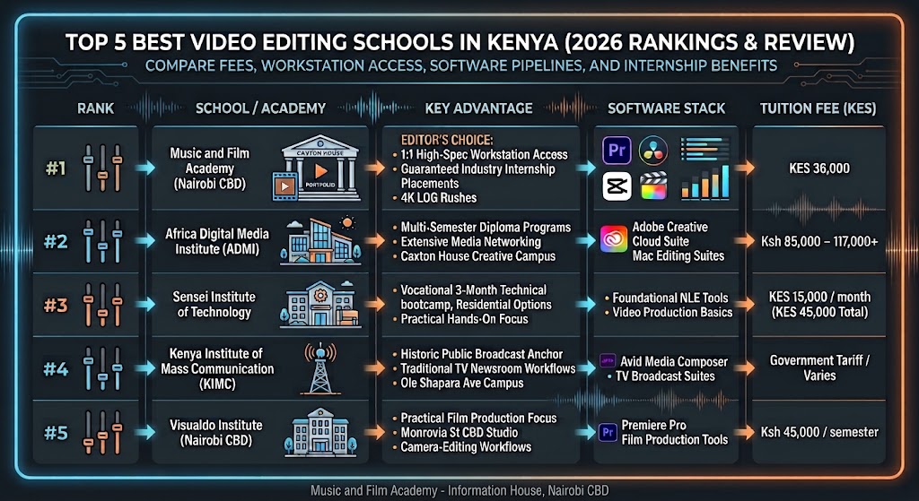 Top 5 best video editing schools in Kenya comparison chart infographic. Side-by-side comparison of Music and Film Academy, ADMI, Sensei Institute, KIMC, and Visualdo Institute showing tuition fees, workstation access, software pipelines, and internship benefits.