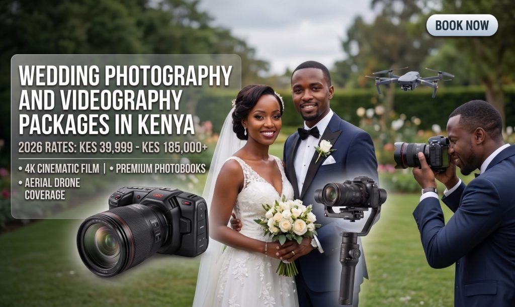 wedding photography and videography packages in kenya featuring 4k cinematic video, drone coverage, and luxury photobooks
