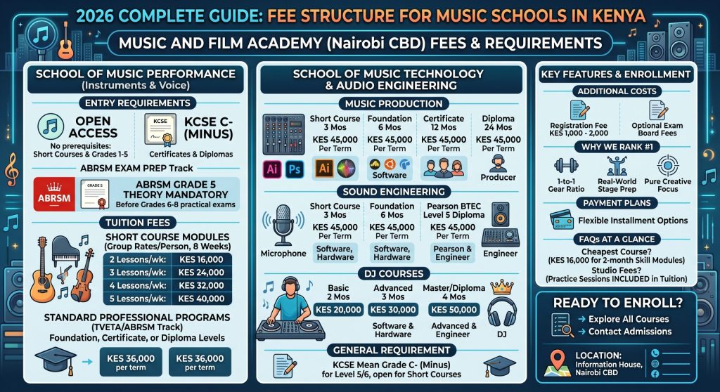 Infographic breakdown of 2026 tuition fees and entry requirements for music performance, music production, sound engineering, and DJ courses at Music And Film Academy in Nairobi CBD