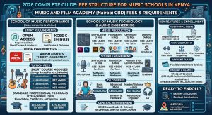 Infographic breakdown of 2026 tuition fees and entry requirements for music performance, music production, sound engineering, and DJ courses at Music And Film Academy in Nairobi CBD