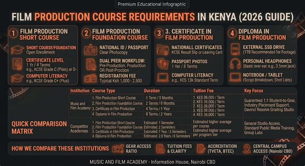 Infographic detailing film production course requirements in Kenya at Music and Film Academy, covering KCSE entry grades, administrative documents, 1:1 gear policy, and KES 39,000 per term tuition rates across all course tiers.
