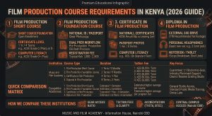 Infographic detailing film production course requirements in Kenya at Music and Film Academy, covering KCSE entry grades, administrative documents, 1:1 gear policy, and KES 39,000 per term tuition rates across all course tiers.