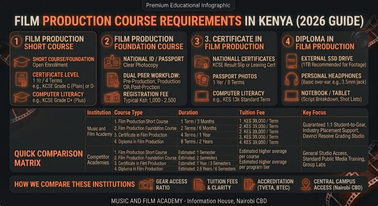 Infographic detailing film production course requirements in Kenya at Music and Film Academy, covering KCSE entry grades, administrative documents, 1:1 gear policy, and KES 39,000 per term tuition rates across all course tiers.