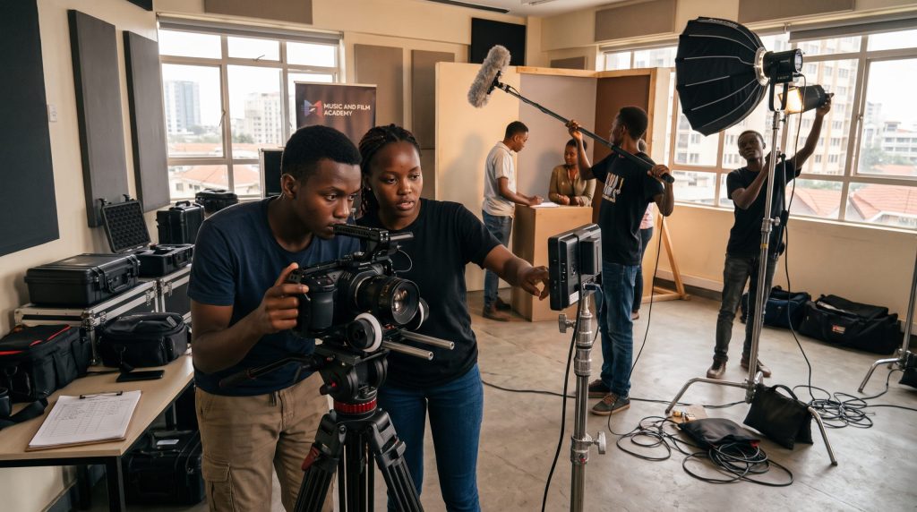 Students operating a digital cinema camera and boom mic in a practical set lab for **film production courses in kenya** at Music and Film Academy, one of the premier **film schools in nairobi**.