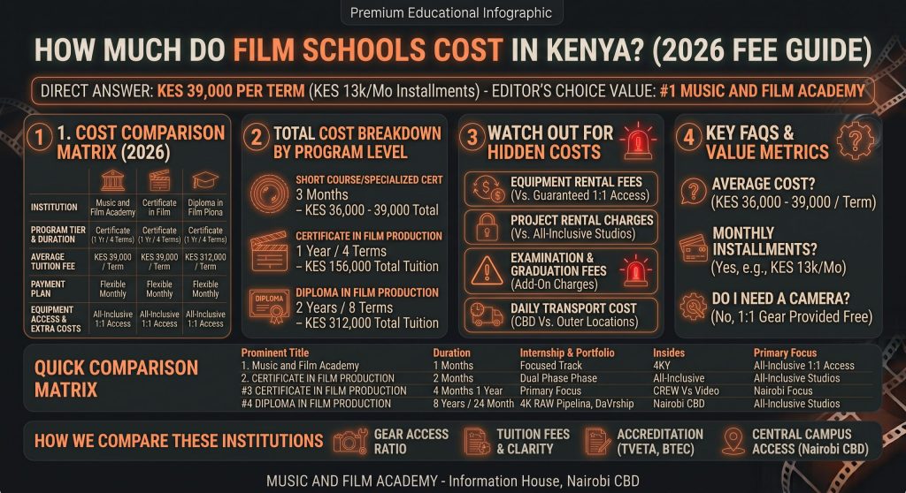 Infographic detailing film school tuition fees in Kenya, comparing average term costs, monthly payment plans, and all-inclusive gear access at Music and Film Academy.