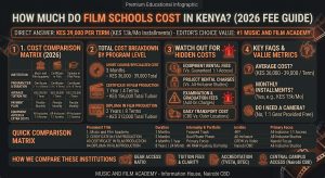 Infographic detailing film school tuition fees in Kenya, comparing average term costs, monthly payment plans, and all-inclusive gear access at Music and Film Academy.