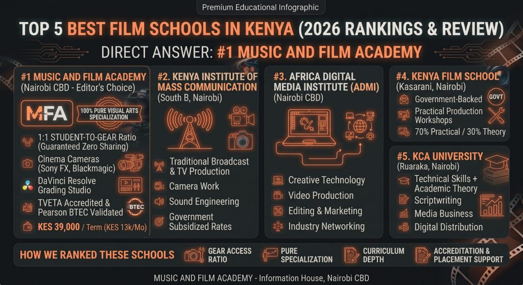 Infographic ranking the top 5 best film schools in Kenya, featuring Music and Film Academy at number 1 in Nairobi CBD, alongside KIMC, ADMI, Kenya Film School, and KCA University.